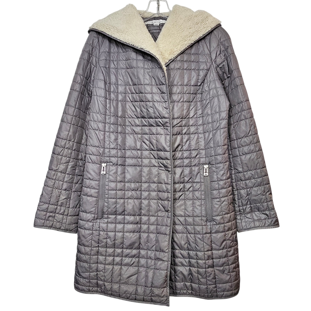 Kenneth Cole New York Charcoal Gray Puffer Coat Faux Fur Hood Women’s Small